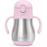 Bakpoco Stainless Steel Sippy Straw Cup for Toddlers 1-3 Years Old, Insulated Toddler Water Bottle Baby Training Tumbler with Handles, 8oz Kids Straw Cups for Travel, Daycare & At Home, Pink
