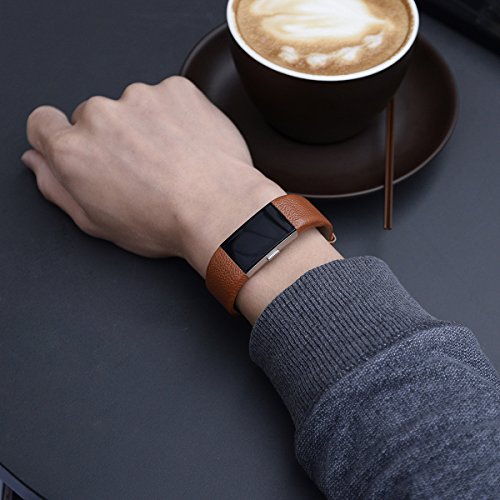 Henoda Replacement Bands Compatible with Fitbit Charge 2, Classic Genuine Leather Charge 2 Band Fitness Wristband for Women Men Small Large Matt Brown