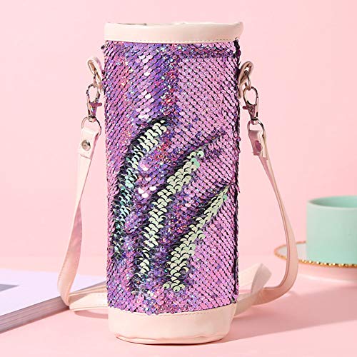 DricRoda Insulated Bottle Cover,Mermaid Sequin Water Bottle Carrier, Drink Bottle Insulator Cooler,Bottle Sleeve Holder Tote Bag with Shoulder Strap for Kids,Girls,Ladies (Purple)
