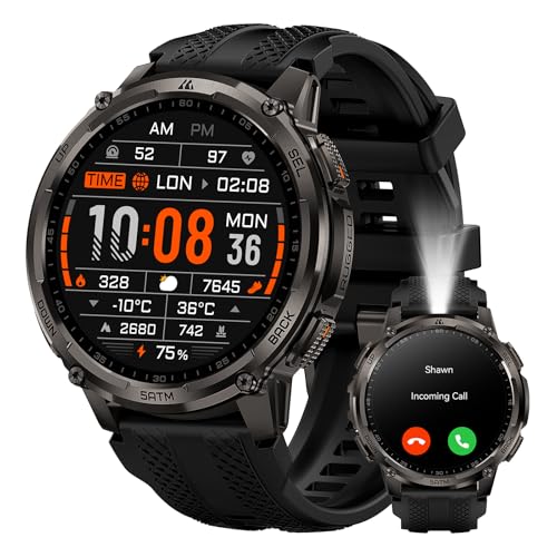KOSPET Tank T4C Smartwatch with GPS, Full Metal Body, LED Flashlight, 50 Day Battery, Health Monitor 24/7.5ATM/IP69K, 170+ Sports Modes, 1.5 Inch Screen, Android & iOS Black