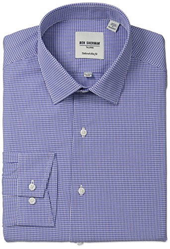 Ben Sherman Men's Slim Fit Gingham Dress Shirt, Blue, 17