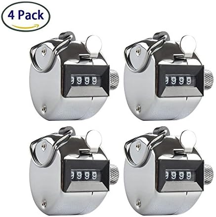 4 Pack of Hand Tally Counters, 4 Digit Metal Case Handheld Click Counter with Metal Knob, Mechanical Counter Clicker for Sport Stadium Coach Casino and Other Event with Metal Finger Ring Hoop Holder