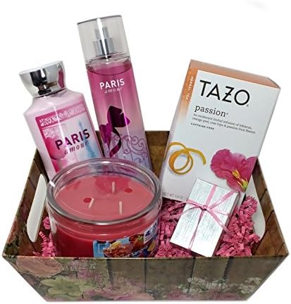 Mother's Day Gift Set - Pamper Her with Bath &amp; Body Works Paris Amour Body Lotion &amp; Frag. Mist, Tazo Passion Tea, Eiffel Tower Charm, Sweet Sangria Candle with Gift Packaging … (Woodsy Floral)