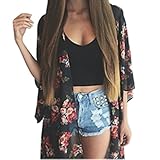 Vintage Women Girls Floral Print Long Loose Kimono Jacket Coat Cardigan Blouses (2XL, 1Black flower)