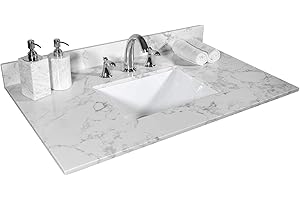 MONTARY 31 Inch Marble Vanity Top with Undermounted Rectangular Ceramic Sink & Backsplash, White Carrara Engineered Stone Countertop Vanity Sink Top for Bathroom 3 Pre-Drilled Hole