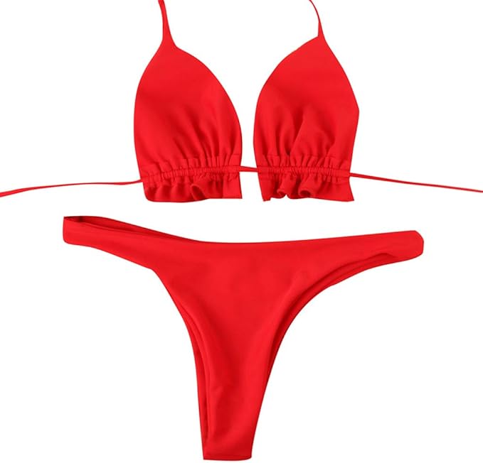 Women Solid Color Drawstring Bandage Bikini Set PushUp