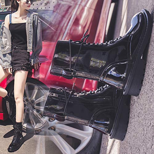 ❤Kauneus❤ Women's Mid Calf Boots Lace up Side Zipper Winter Boots Fashion Leather Black High Top Shoes - Thumbnail 4