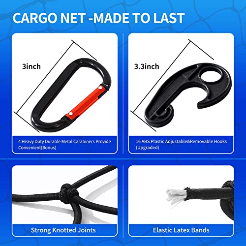 MICTUNING Heavy Duty Cargo Net - 47x36 Inch Stretches To 70x54 With Hooks & Carabiners