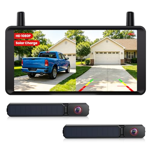 AUTO-VOX Dual Reversing Camera Wireless Solar with 6 Inch 16:9 HD Display | Two antennas. Strong signal, split screen display with balanced double images. Suitable for cars, SUVs, trucks, trailers