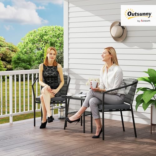 Outsunny 3 Piece Wicker Patio Furniture Set, PE Rattan Bistro Set with Armchairs, 2-Tier Glass-Top Table, Cushions, Outdoor Conversation Furniture for Porch, Balcony, Dark Grey