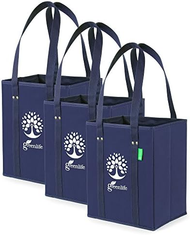 Reusable Grocery Shopping Box Bags (3 Pack), Premium Quality Heavy Duty Tote Set with Reinforced Sides &amp; Bottom. Foldable, Collapsible, Durable &amp; Eco Friendly, by Creative Green Life (Deep Blue)