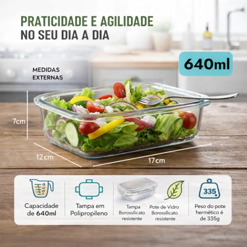 Kit 10 Potes de Vidro Hermético 640ml com Travas – Borossilicato Resistente, Tampa com Vedação em Silicone, BPA Free, Vai ao Microondas, Forno, Freezer e Lava-louças – Marmitas Saudáveis