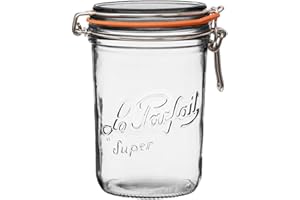 Le Parfait Super Terrine - 1L French Glass Canning Jar w/Straight Body, Airtight Rubber Seal & Glass Lid, 32oz/Quart (Single Jar) Stainless Wire