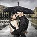 Wsky 12 Ribs Umbrella Windproof, Reinforced Travel Umbrella with Teflon Coating, Compact Waterproof, Ergonomic Handle with Auto Open Close Button - Elegant Leather Cover (Black)