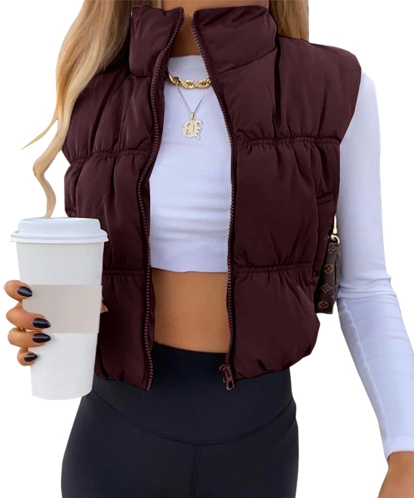 Photo 1 of SySea Women's Crop Puffer Vest Winter Zip Up Lightweight Sleeveless Warm Outerwear Padded Coat