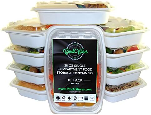 Meal Prep Storage Containers with lids by CinchWares, 28-ounce white, BPA-Free, Reusable, Microwavable 10 Pack