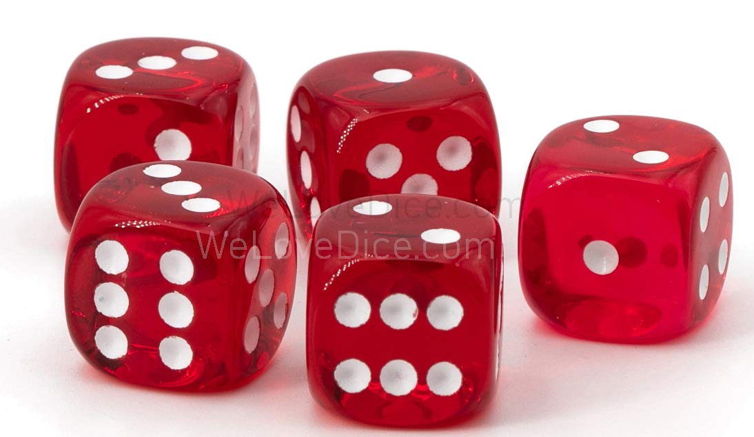 16mm D6 Dice red transparent/white - Made in Germany! - 5 Pcs
