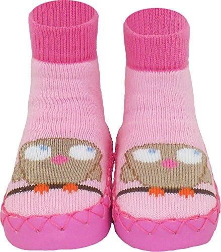 Konfetti by Nowali Pink Owl Kids Swedish Moccasins House Slippers Shoes - Girls Slipper Socks - Home Footwear for Toddlers, Pre-Schoolers and Children