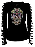 Bling Sugar Skull Rhinestone T-Shirt,Heart Neon Stud Ripped Cut Out Long (2X-Large)