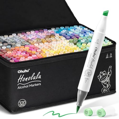 Ohuhu Marcadores Alcohol Punta Pincel - Set 320 Colores Marcadores Artísticos Doble Punta para Artistas Adultos Ilustración - Punta Dual Pincel y Cincel - Serie Honolulu de Ohuhu