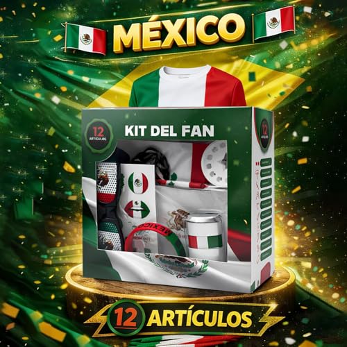 Kit Animacion Futbol Mexico 2026 (12 Pzas) - Accesorios de Fiesta para Apoyar a la Seleccion | Incluye Bandera Poliester Bastones Inflables Bocina Gafas Pintura Facial y Quiniela