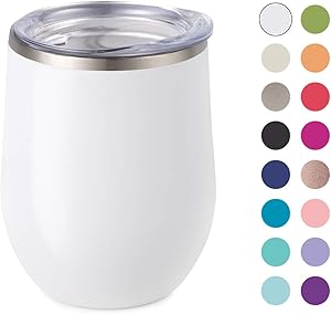 Maars Bev Stainless Steel Stemless Wine Glass Tumbler with Lid, Vacuum Insulated 12 oz White Cup | Spill Proof, Travel Friendly, Classic Cocktail Drinkware