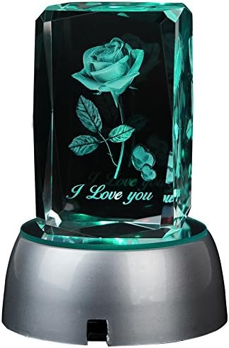 Philosophers 3d Laser Crystal Mother's Day Gift Subsurface Engraved I Love You Rose with Round LED Plastic Stand Multicolor
