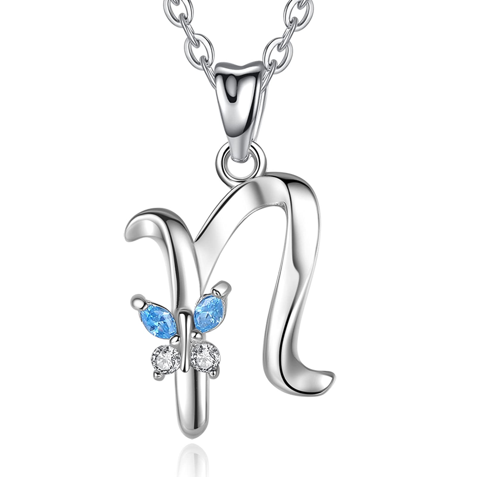 EUDORA Initial Butterfly Necklace 925 Sterling Silver N Alphabet Letter Personalised Pendant Necklaces with Blue Cubic-Zirconia Gifts for Women Ladies Girls Mother's day, 18 inches Chain