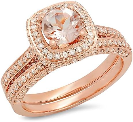 14K Gold Round Cut Morganite & White Diamond Ladies Split Shank Halo Engagement Ring Set
