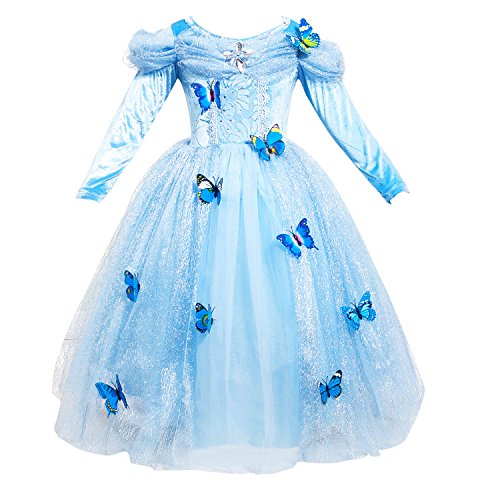 Lestore Long Sleeve Girl Princess Cosplay Costume Blue Fancy Butterfly Dress