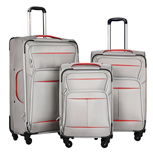 LuggageÂ SetÂ SuitcaseÂ SetÂ 3Â PieceÂ LuggageÂ LightweightÂ SoftÂ ShellÂ withÂ 4Â RollingÂ SpinnerÂ WheelsÂ Super Durable (20Â inch,Â 24Â inch,Â 28Â inch) (Silver & red)