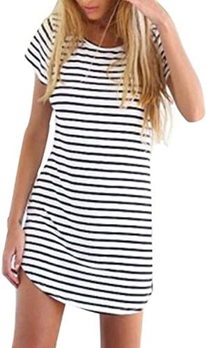 Women's Black White Striped Short Sleeve Summer Tunic Shirt Mini Dress