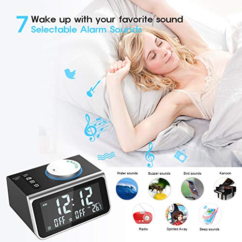 LATME-Alarm-Clock-Radio-for-Heavy-Sleepers W Dual Alarms,3.2'' Digital Display and Dimmer,7 Alarm Sounds,Snooze,2 USB Ports,Bedside FM Radio Clocks with Temp for Bedrooms/Kitchen/Office (Black-Grey)