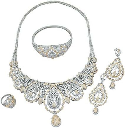American Diamond Jewelry Set Earrings Costume Necklace Rings Saudi Ethiopian Women Bride Wedding Girls Nigerian Zircon Dubai 18k Gold Plated Filled Fashion African Indian Cubic Zirconia Bridal