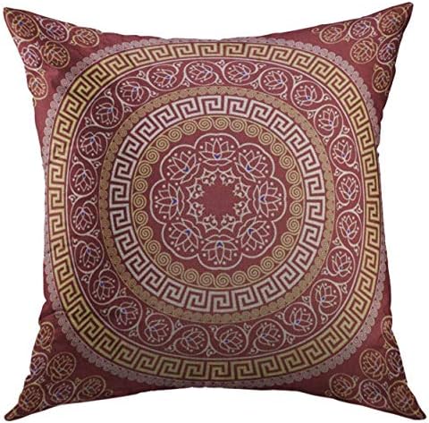 Huabuqi Decorative Throw Pillow Cover for Couch Sofa,Circle Traditional Vintage Golden Round Greek Meander Floral on Red Border Home Decor Pillow Case 18x18 Inch