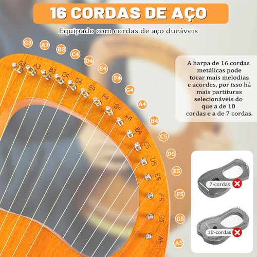 Harpa de Lira 16 Cordas com Chave de Afinação de Bolsa, Harpa de Lira de Madeira de Mogno, Mini Instrumento de Harpa