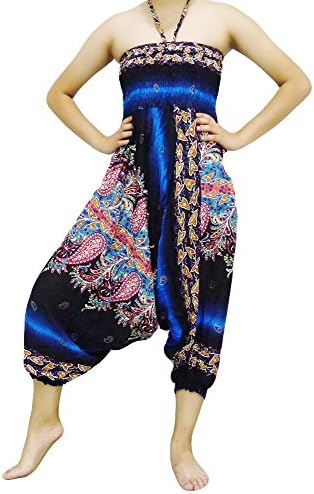 loong Cha's Unisex 2 Type Harem Jumpsuit Pants,Fine Art Print Smocked Waist &amp; Jump Leg Version : I (AA3 Blue)