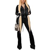 NSHYPOI Women Velour 2 Piece Outfits Zip Crop Jackets Wide Leg Pants Sets Tracksuits