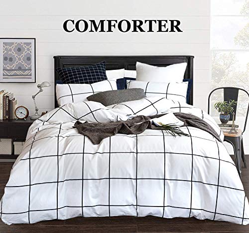 Clothknow White Plaid Comforter Sets Queen Black And White Bedding Comforter Sets Full For Boys Girls Women Men Big Grid Print 3pcs White Comforter Sets With 2 Pillowcases 3pcs Queen Full Size