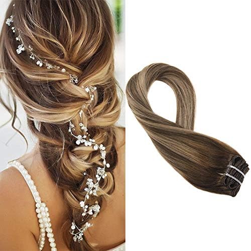 Moresoo 18" Clip in Real Hair Extensions Human Hair 7PCS 100G Full Head Remy Hair Sew in Weft Hair Extensions Balayage Color #4 Brown Ombre #27 Blonde Mixed #4 Brown Double Weft Hair Extensions