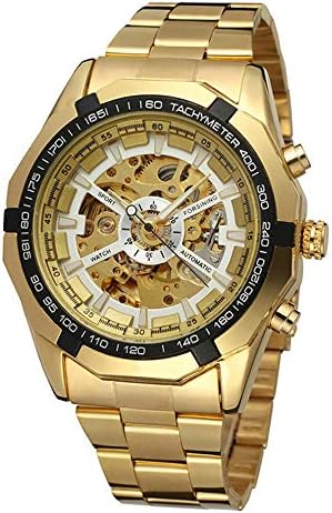 Skeleton Automatic Mechanical Watch Self-Winding (with Manual Winding) for Mens Stainless Steel Watch Waterproof Luminous (Gold)
