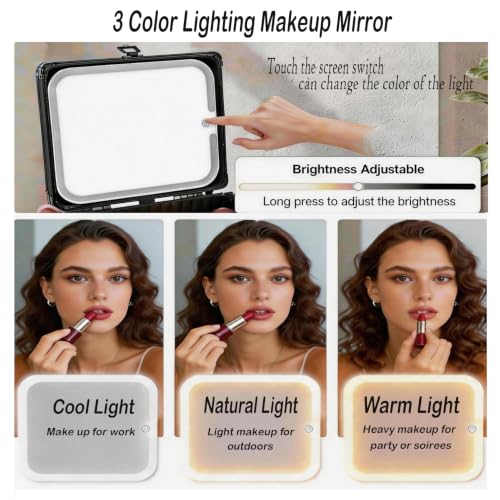 Makeup Bag with LED Mirror, Travel Train Case with Adjustable Dividers, Cosmetic Brush Organizer Storage for Women and Girls, Black 25 * 22 * 13Cm, USB Powered