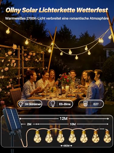 Ollny Solar String Lights Outdoor, 24 Bulbs 12M Weatherproof String Lights, 8 Modes, Timer, Dimmable, USB for Garden Balcony Patio Wedding Party Vintage