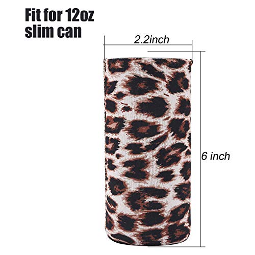 DIFENLUN 2 Pack Neoprene Slim Can Coolers, Collapsible Can Sleeves Beer Can Coolies Covers for 12oz Slim Drink Beer Cans(Leopard)
