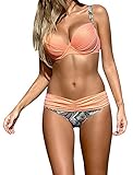 Nulibenna Push Up Two Piece Bikini Swimsuit Candy Patch Padded Swimwear (Peach + Printed), Small