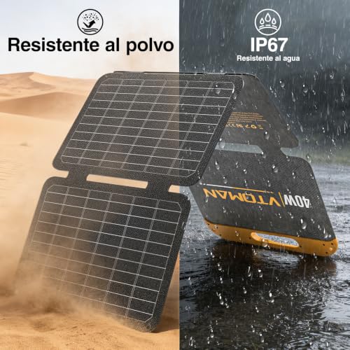 VTOMAN VS40 Portable Solar Panel,Operating Voltage 13.9V,40W | High Efficiency 25%, Waterproof IP67, Foldable USB-C and USB-A Ports, Lightweight PD30W for Phones