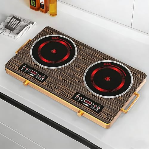 Jospondent Double burner electric ceramic stove, 3500W high-power electric cooking stove, no installation required, wood grain tempered glass and black crystal glass panel, aluminum alloy shell with