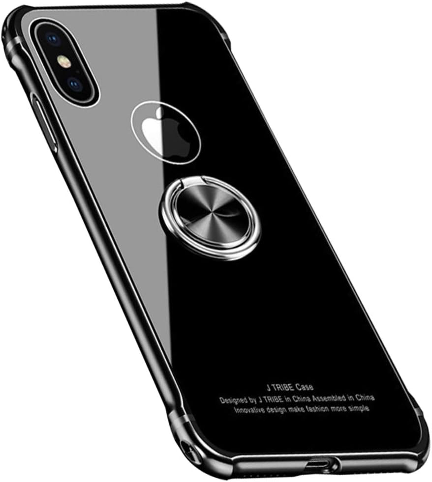 iPhone Xs Max Glass Case, Premium Aluminum Alloy Frame Ring Holder Magnetic Car Thin Rugged Protective Cover Compatible with iPhone Xs Max (Black)