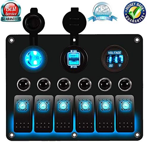 DCFlat Overload Protection 6 Gang Waterproof Car Marine Boat Circuit LED On/Off Toggle Rocker Switch Panel with Fuse Digital Voltmeter + 12V Cigarette Socket + Double USB Power Charger Adapter