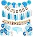 1st Birthday Boy’s Decoration kit- Complete One-year Party Decoration set- Beautiful pastel Colors for First Baby Boy’s Birthday - 2 Party Banners - Latex pearl Balloons-Paper Pompom Decorations-